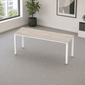 Mesa de oficina moderna con superficie de madera y estructura blanca para espacios de trabajo.