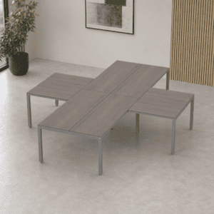 Mesa de oficina ajustable con superficie moderna y diseño minimalista para espacios de trabajo.