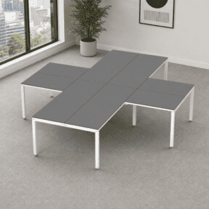 Mesa de oficina moderna y funcional con superficie gris y estructura blanca, ideal para espacios de.