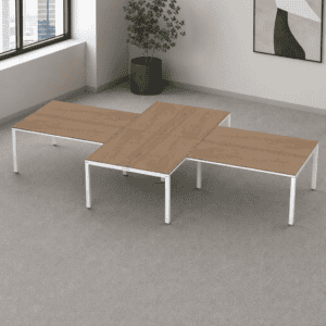 Mesa de oficina modular con superficie de madera y estructura blanca para espacios de trabajo modern.