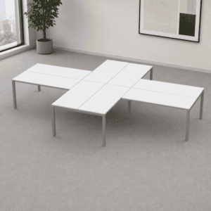 Mesas de oficina modulares blancas para espacios de trabajo modernos y funcionales.
