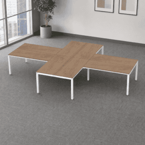 Mesa de oficina moderna y funcional con superficie de madera y estructura metálica blanca.