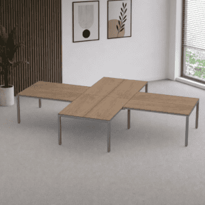 Mesa de oficina moderna y funcional para espacios de trabajo colaborativos.