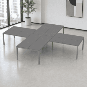 Mesa de oficina en forma de cruz para espacios de trabajo colaborativos y eficientes.